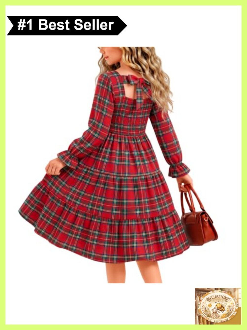 Girls Long Sleeve Flannel Plaid Dress Square Neck Ruffle Trim Back Bow